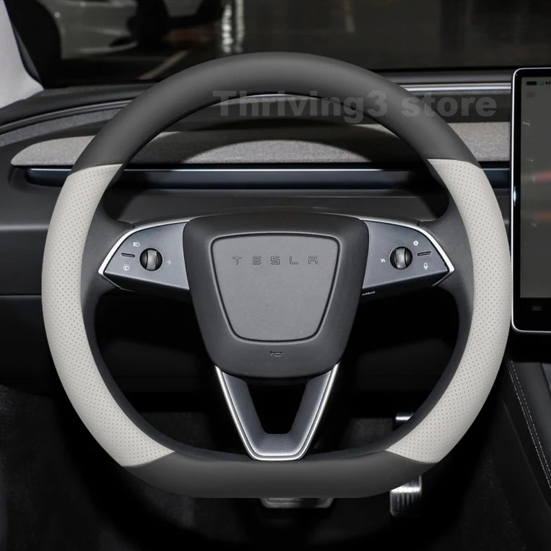 

Leather Car Steering Wheel Cover For NEW Tesla Model Y Juniper 2025 2026 Car Style Auto interior Tesla Model Y 2026 Accessories
