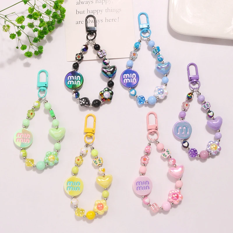 Acrylic Color-plated Heart Love Keychain Cute Flower Beaded Keyring Bag Pendant Charms Earphone Case Decoration Accessories