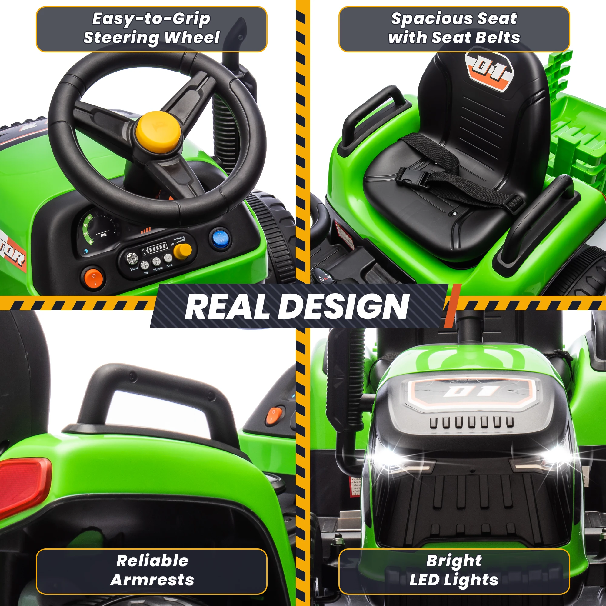 Traktor elektryczny dla dzieci 24V, zabawki elektryczne z silnikami 400W, odchylany i odłączany przyczepa, regulowane siedzenie, Bluetooth, Mu