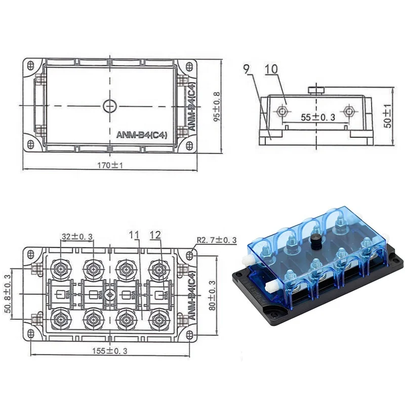 DC 32V 300A AC 220V 300A 4 Ways ANM-C4 ANM Fuse Holder Bolt Down Fuse Block