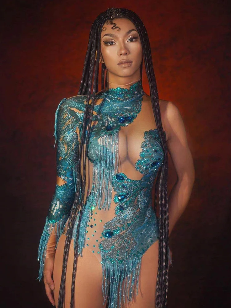 Kostiumy sceniczne z dżetami dla kobiet Żółty kombinezon z frędzlami na jedno ramię Piosenkarka Showgirl Ubrania do występów Strój klubowy 4222