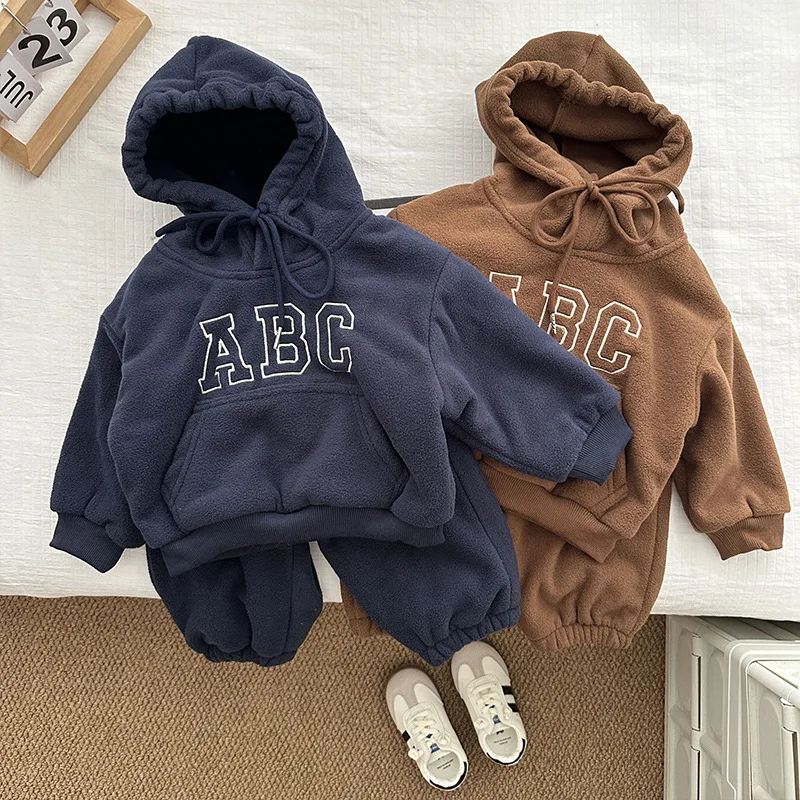 Winter New Baby Thick Warm Set Infant Boy Girl Letter Hooded Fleece Sweatshirt + Casual Pants 2pcs Suit Kids Plus Velvet Outfits