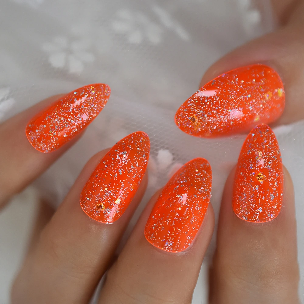 Orange glitzernde Stiletto-Kunstnägel Jelly Neon Medium Press On Fingernägel Transparente Spitzen Full Cover 24