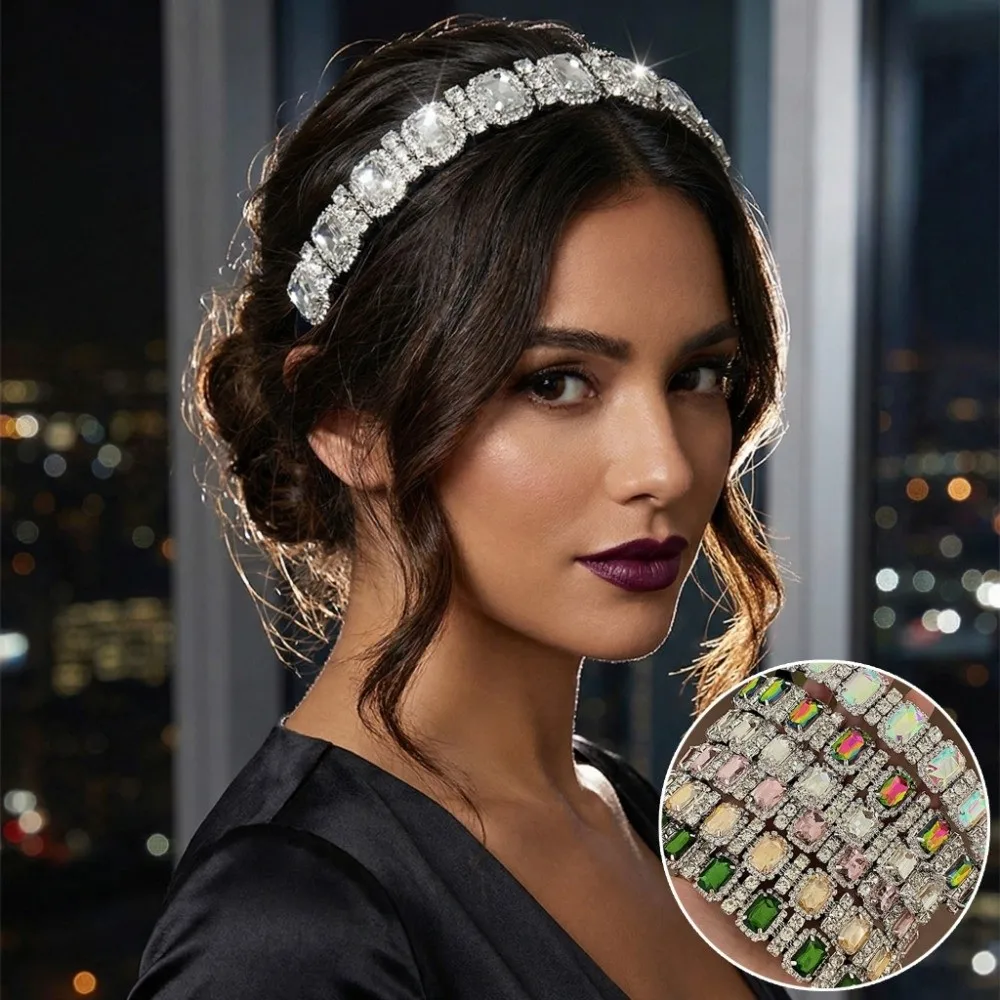

Multicolor Gem Full Rhinestone Headbands Square Rhinestone Shiny Gem Headband Luxury Multi-purpose Baroque Tiara