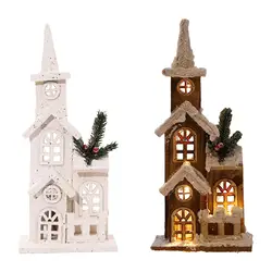 Christmas LED Wooden House Christmas Town Scene Figurines Ornaments Christmas Decoration for Xmas Party Festival Holiday Winter