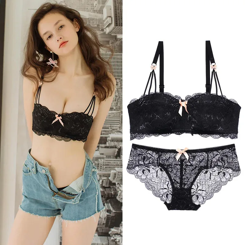 

Sexy French Hollow Out Embroidery Lace Women Bra Panty Without Underwire Black Lingerie Panties Set Female ih.4