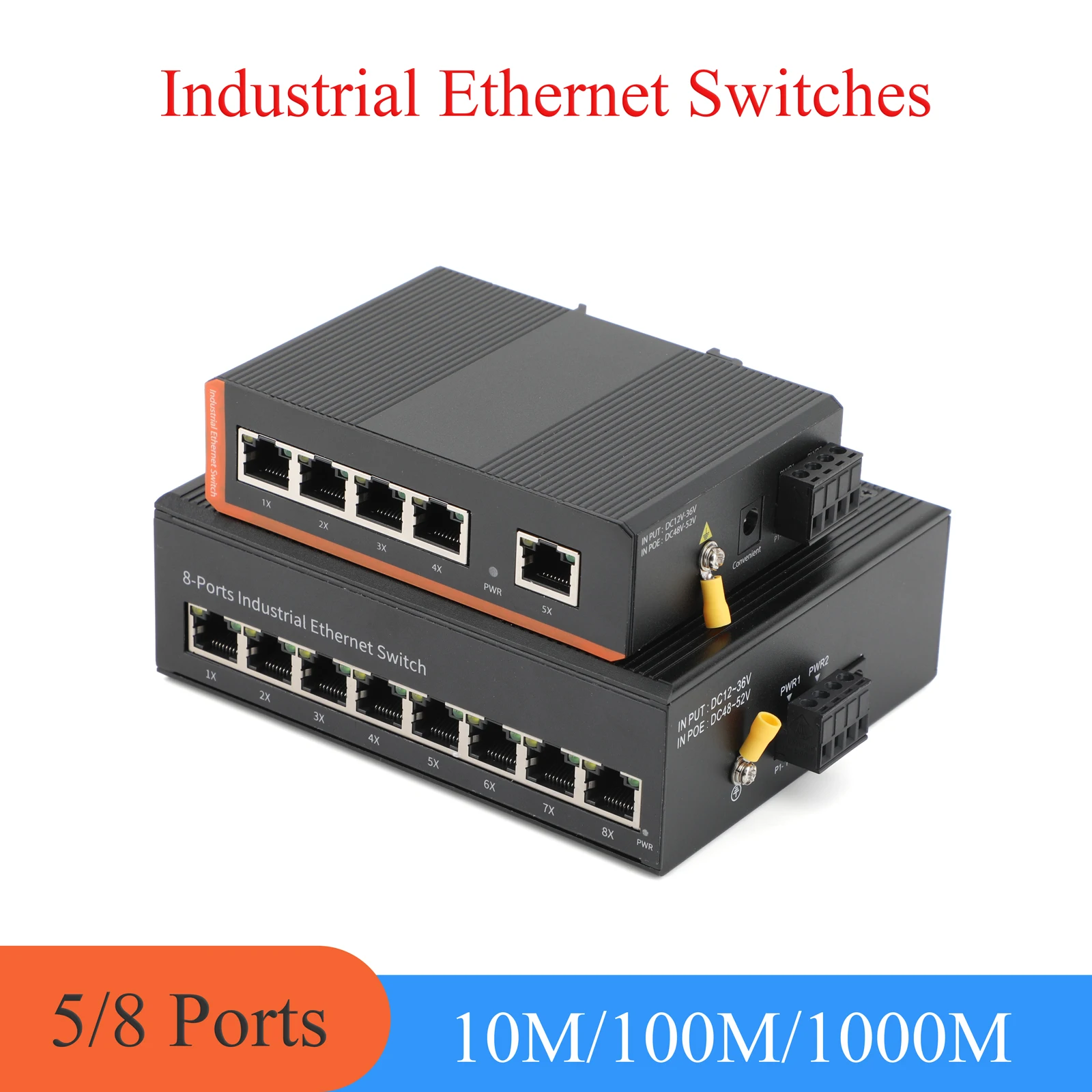 5/8 Port Industrial Ethernet Switch 100/1000Mbps DIN Rail, Plug and Play for Factory Automation and Monitoring Systems