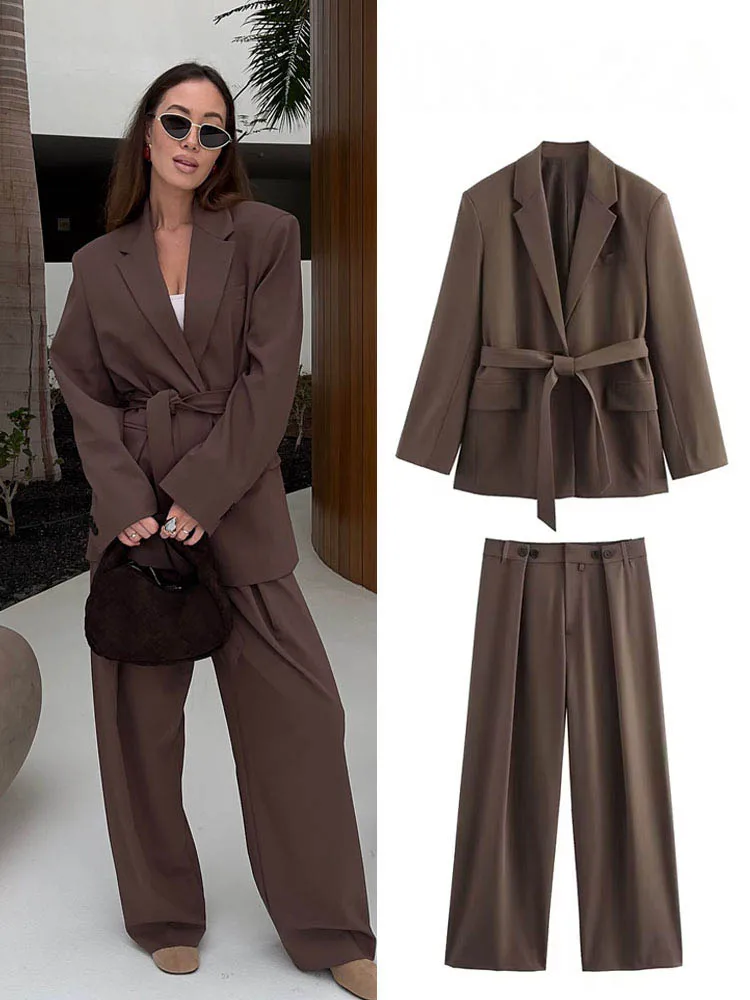 

HH Women Fashion Brown Lapel Pocket Belt Decorate Casual Blazer Coat+Chic High Waist Loose Button Zipper Long Pants Suit