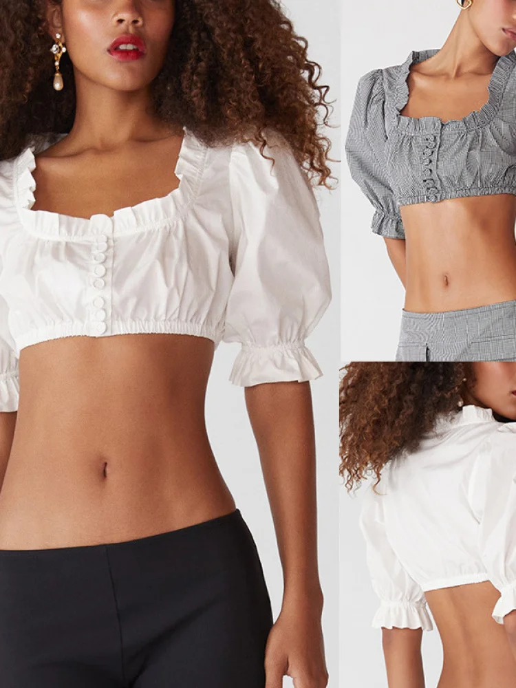 

Сексуальный укороченный женский топ в трансграничном стиле, ультракороткая рубашка с декоративными пуговицами под дерево, из чистого хлопка, с рукавами-фонариками