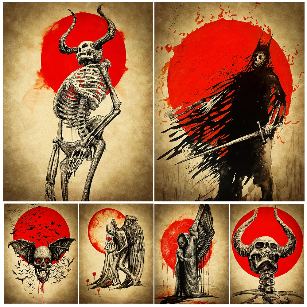 Blood-Red Sun And Skull Demon,Vintage Wall Art Canvas Painting,Skeleton Undead Pagan Dark Aesthetics Art Poster And Print Decor