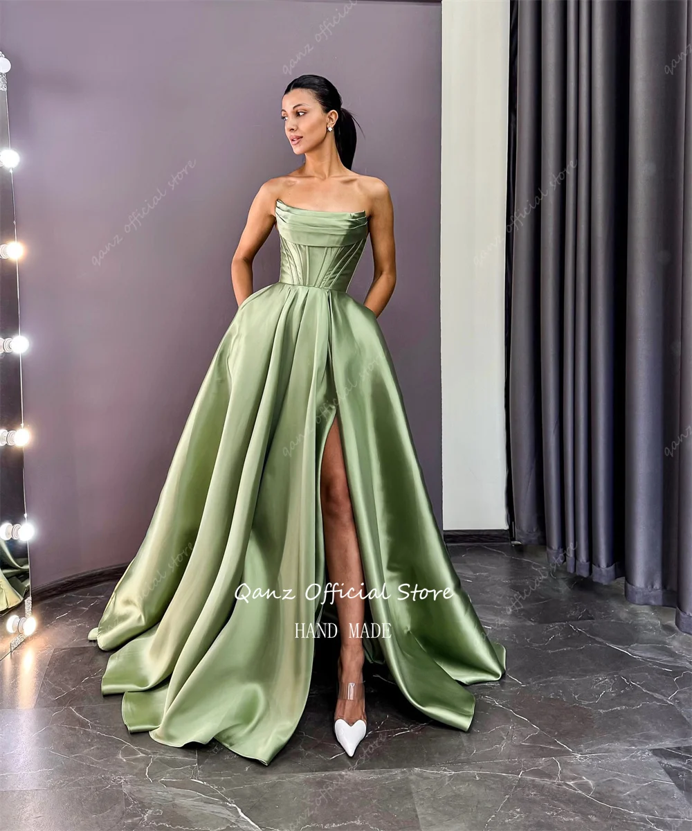 Qanz Salbeigrüne Abendkleider aus Satin mit hohem Schlitz, trägerlos, Vestidos De Fiesta Elegantes mit Tasche, Party-Abschlussballkleid, individuell gestaltet