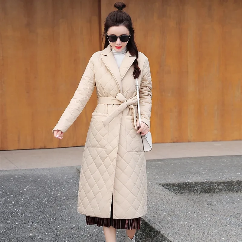 New Korean Fashion Slim Fit High end Long Lightweight Cotton Dress Women's Suit Collar Quilted Plaid Coat Belt Down Cotton Coat