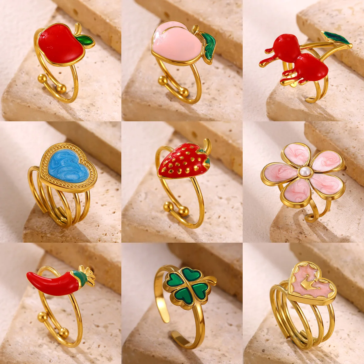 Niedliche Emaille-Frucht-Offenringe für Frauen, Edelstahl-Herz-Liebesring, wasserdichter Kirsch-Erdbeer-Fingerring, Dopamin-Schmuckgeschenk