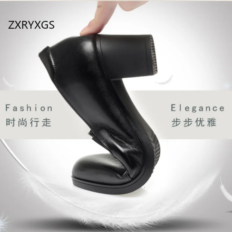 ZXRYXGS 2025 جديد الخريف جلد طبيعي موضة أنيقة حذاء أسود عالية الكعب حجم كبير مريحة عدم الانزلاق النساء الأحذية العصرية