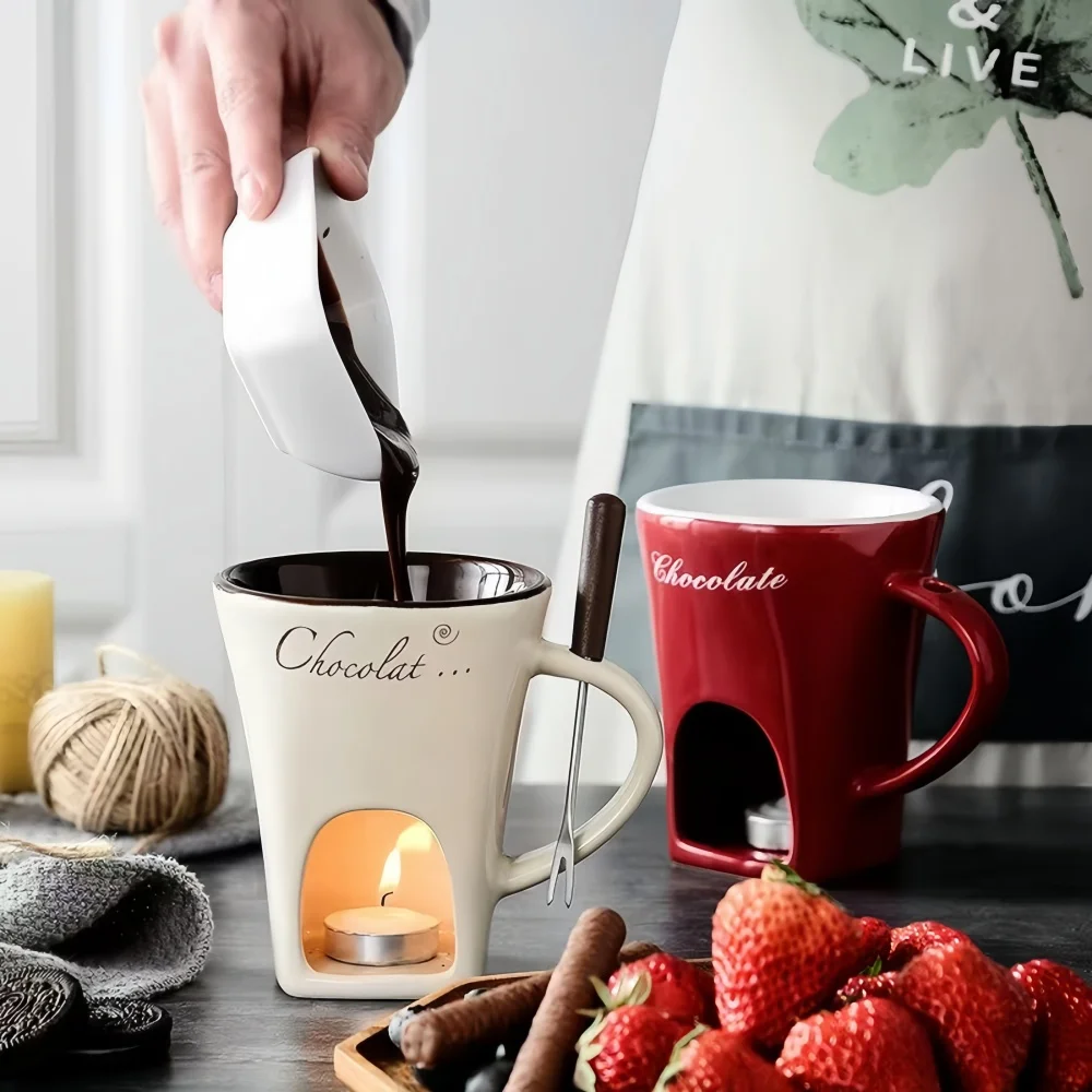 Reusable Heat Safe Ceramic Chocolate Fondue Warmer Bowl Set for Ice Cream Cheese Valentine Gift with Fork Candle Not Included