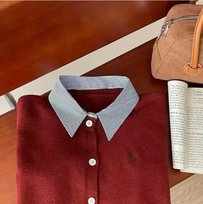 자수 니트 가디건 여성 페이크 투피스 셔츠 칼라 패치워크 싱글 브레스티드 스웨터 코트 우아한 여성 상의