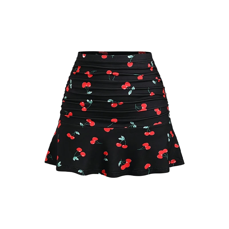 

Summer Women's Swimsuit Cherry Print Ruffled Skirt Tight Mini Skirt Elastic Waist Half Skirt Hip Hugging High Waist Short Skirts