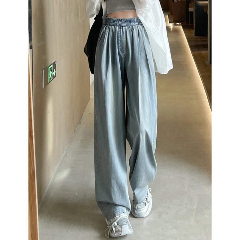 

Женские синие тонкие джинсы с высокой талией, драпированные, свободные, широкие, прямые, в стиле Harajuku Y2K, летние, повседневные брюки