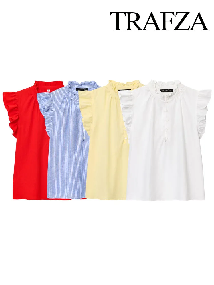 

TRAFZA 2025 Women's Summer Casual Chic Short Tops O-Neck Solid Single-Breasted 4 Color Female New Fashion Slim Sleeveless Shirts
