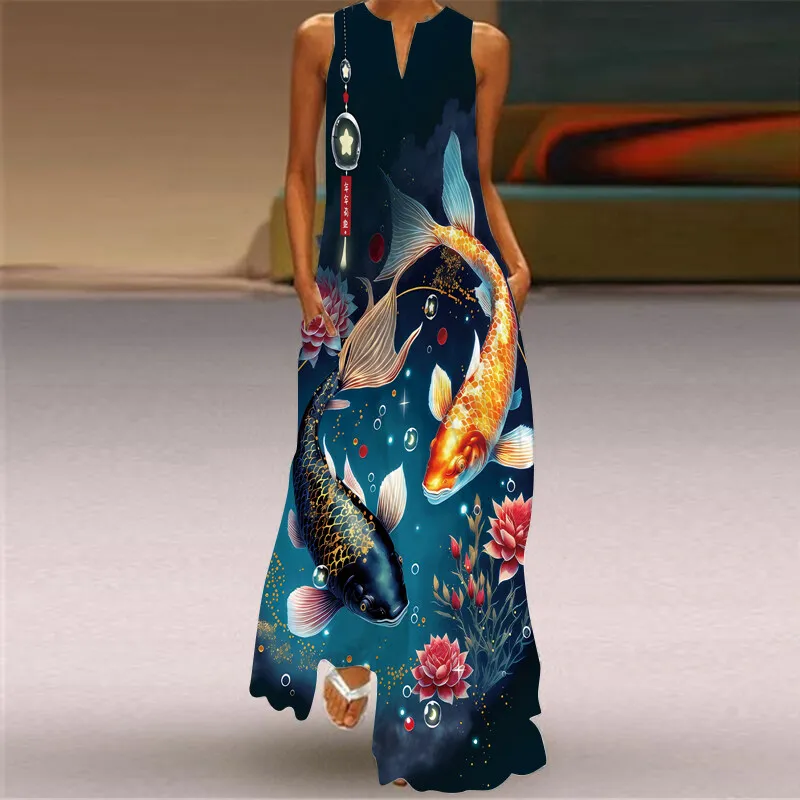 2024 Fish Splashing Print Sexy Sleeveless V-neck Dress Fashion Elegant Travel Holiday Knee-length Dress Party Evening Dress