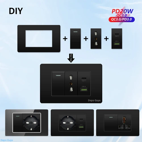 Toma de pared italiana, función de Panel de plástico/vidrio, bricolaje, negro, USB tipo C, CAT6, TV, SAT, TEL, piezas de toma de corriente, piezas de interruptor de luz, Chile