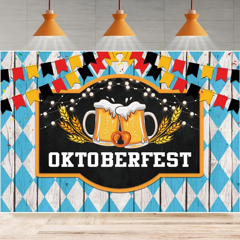 Oktoberfest Party Photography Backdrop Cheers Bavarian Beers Festival Season Celebration Decoration White Blue Flags Rustic Wood