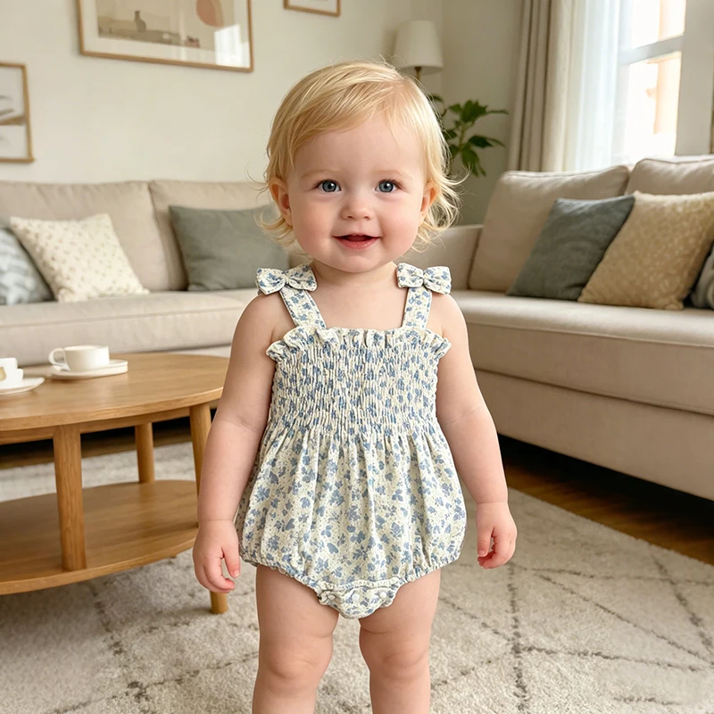 2026 Summer Girl Cotton Infant 0-24M Newborn Baby Girl Romper Blue Floral Floral Babe Camisole One Piece Baby Girl Clothes