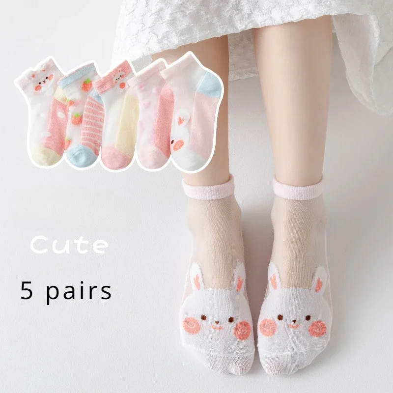 5 paare/los Sommer weiche Baumwolle Mädchen Socken atmungsaktive Kinder kurze Söckchen Kinder Spitze Prinzessin Mesh Cartoon Socken