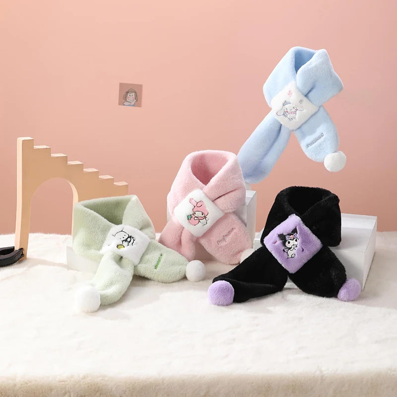 Kawaii Sanrio Hello Kitty Plush ผ้าพันคออะนิเมะ Kuromi Cinnamoroll Melody นุ่มสาว Plushie หนาผ้าพันคอเด็กของขวัญ