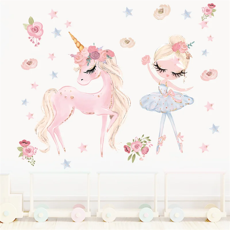 Cartoon Pink Unicorn Wall Sticker Cute Girl Dance Wall Sticker Infant Kindergarten Decorative Sticker Stars and Flowers