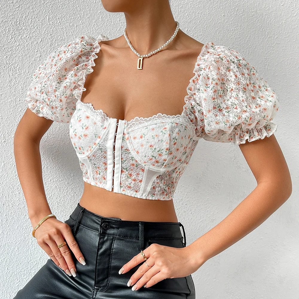 Women Straps Fishbone Lace Bodysuit with Net Yarn Floral Print Short Crop Tank Tops