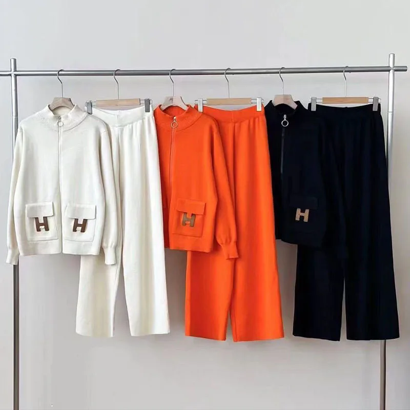 

New Pocket Letter Zipper Cardigan Wide Leg Pants Knitted Two-piece Set Fashionable and Versatile Set for Women Winter Clothes