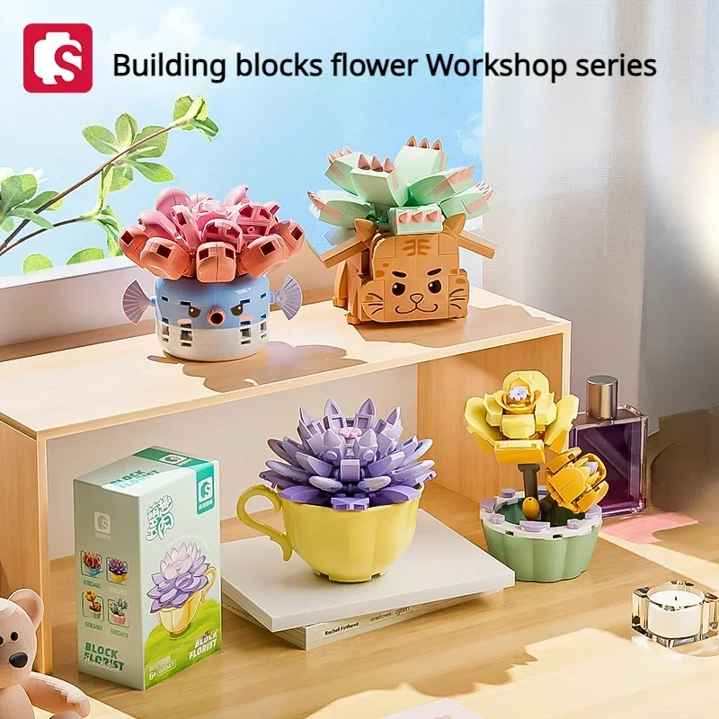 SEMBO BLOCK Potted Plant Flower Workshop Series Interior Decoration Mini Puffer Fish Tiger Rocket UFO Cute Toys Birthday Gift