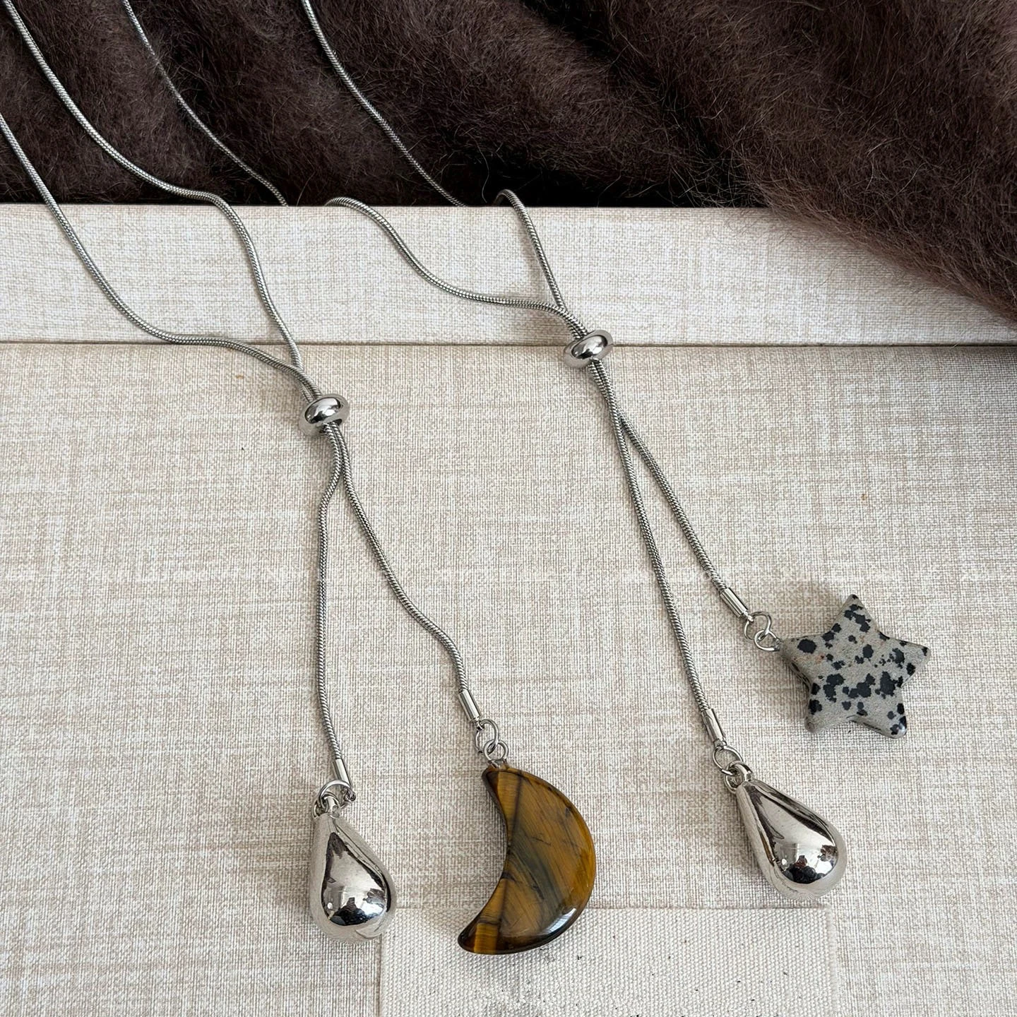 2026 Vintage Natural Spotted Tiger Eye Stone Star Moon Water Drop Pendant Adjustable Long Chain Necklace For Women Accessories