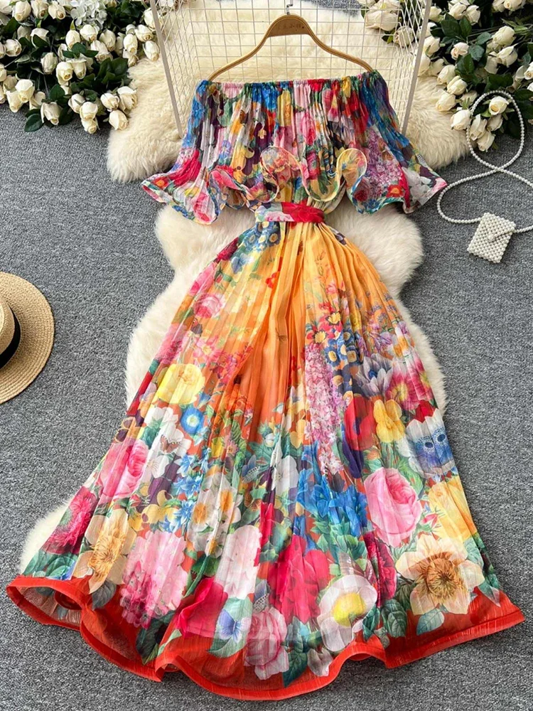 

Vacation Style One Shoulder Printed Dress for Women in Summer New Waist Cinching Temperament Big Swing Chiffon Long Dress C30