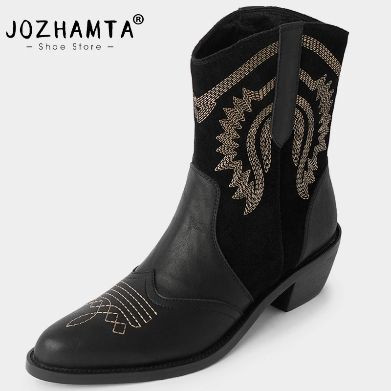 JOZHAMTA Size 34-39 Ankle Cowboy Boots For Women Suede Real Leather Embroidery Cowgirl Chunky Heels Shoes Winter Short Booties