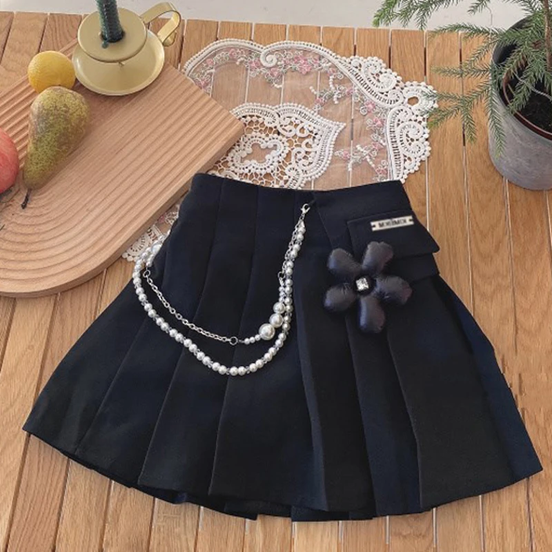 Girls Clothing Sets Flower Applique Large Collar Pleated Edge Long-Sleeved Shirt+ Pleated Skirt Spring New Student Sweet Suits