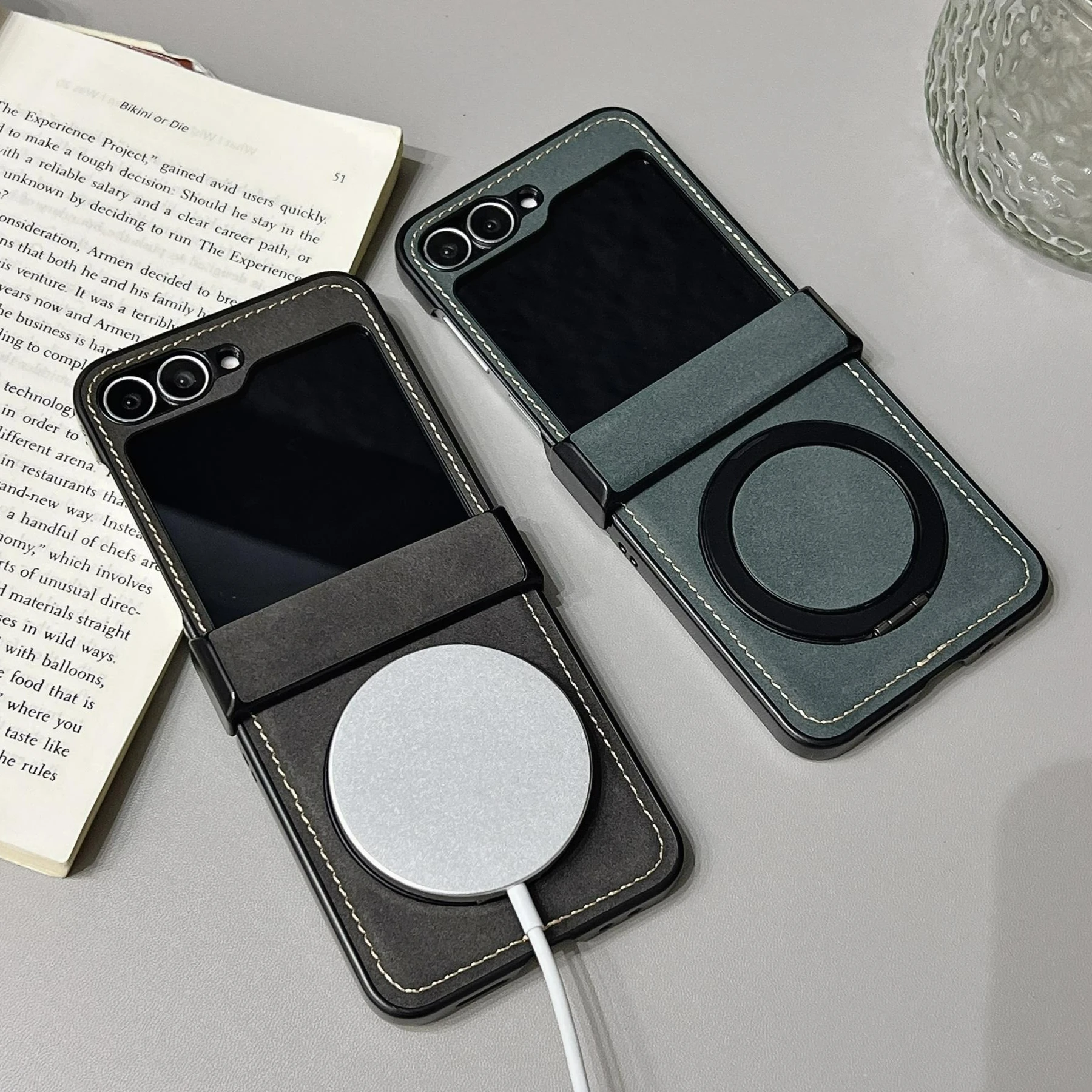 For Samsung Galaxy Z Flip 7 6 5 4 3 Case Luxury Skin Friendly Leather Fold Hinge Rotating Ring Bracket Anti Drop Cover Accessory