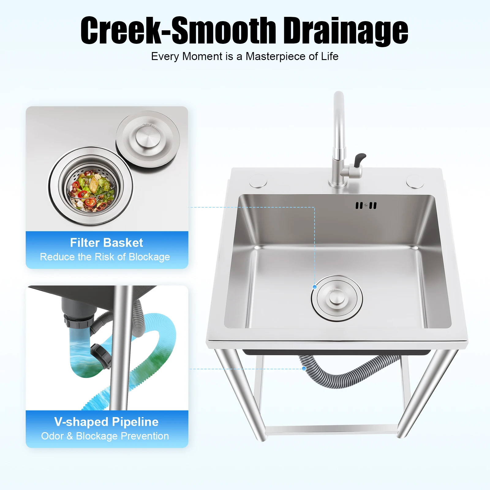 

Stainless Steel Utility Sink Single Bowl 110 Lbs Free Standing Kitchen Sink with 360 ° Rotatable Faucet for Kitchens Bathrooms