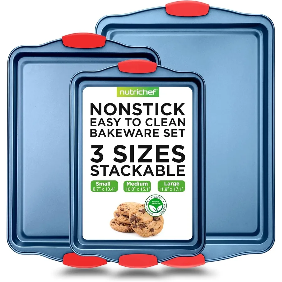 

Набор форм для выпечки NutriChef из 3 предметов с антипригарным покрытием из углеродистой стали с синим покрытием внутри и красными силиконовыми ручками для O