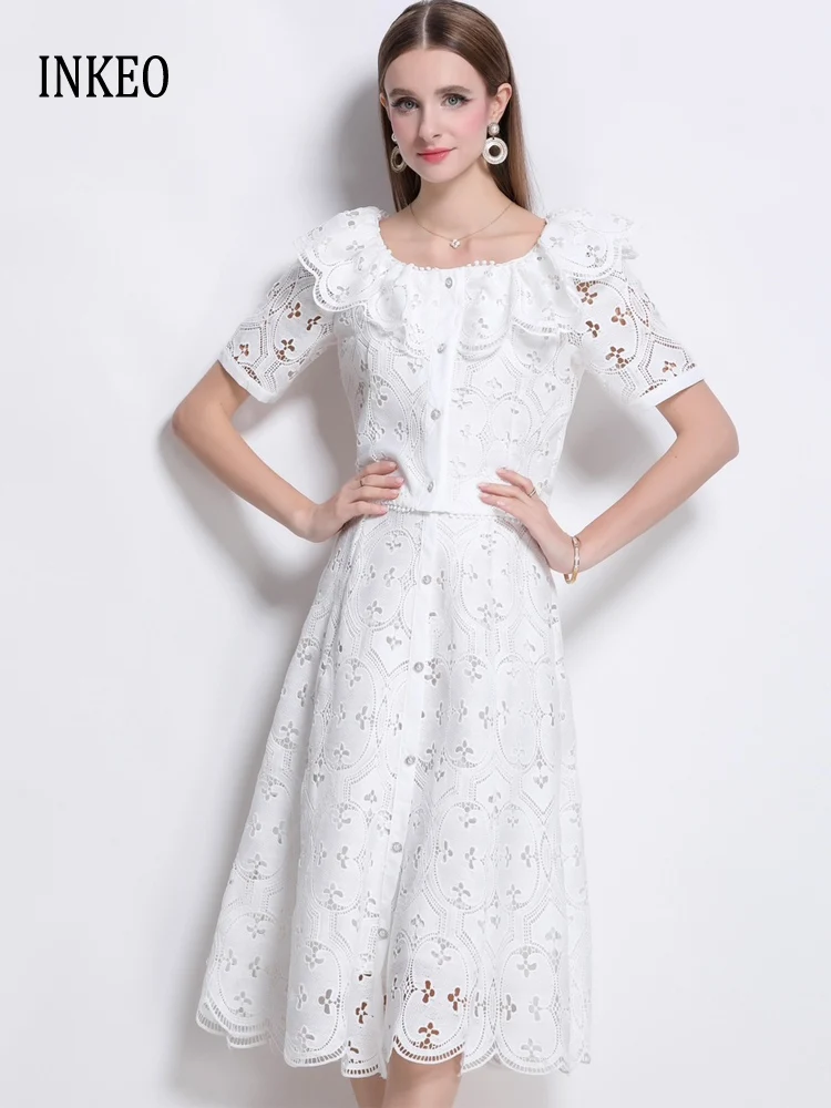 

White two-piece set hollow out women's Elegant 2025 Summer French style doll collar short sleeve Lace tops and Midi skirt 5T069