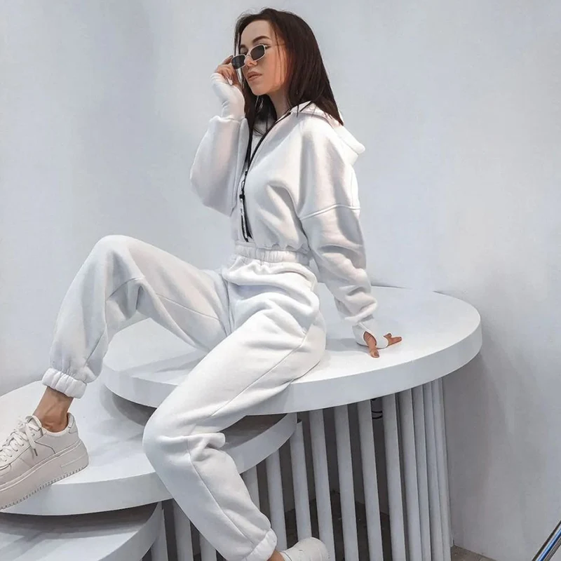 

Winter Hoodie Jumpsuit Elegant Women Outfits High Waist Long Sweatshirt Sweatpant Zipper Up Tracksuit Female Fall Clothing