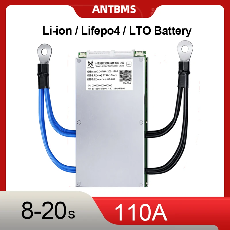 ANT 8S-20S Smart BMS 110A 24V/36V/48V/60V/72V Li-ion Lifepo4 LTO Battery Protection Board With BT App UART for E-Bike E-Scooter