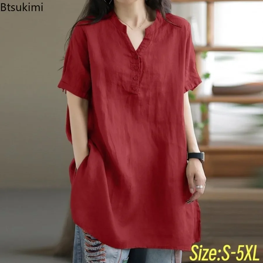 2024 Summer Oversize Blouse Women Casual Short Sleeve Loose Tops Fashion V Neck Solid Tunic Work Shirt Female Blusas Chemise 5XL