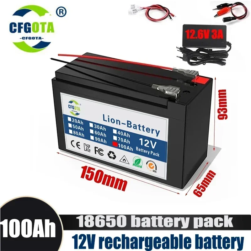 Upgrade 3S6P 18650 100Ah 12V  Li Ion Battery Electric Vehicle Lithium Battery Pack  Built-in BMS 30A High Current + Charger