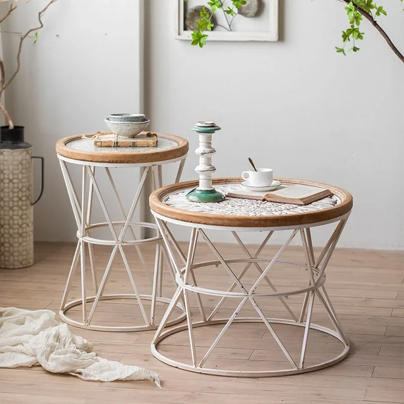 Almacenamiento de hierro forjado antiguo retro francés, mesa redonda pequeña, sala de estar, dormitorio, almacenamiento, café pequeño