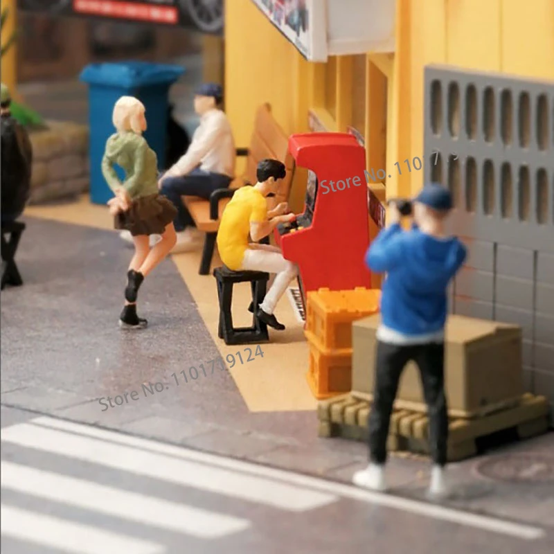 Miniatures 1/64 Scale Diorama Boy Playing Arcade Game Figure Display Figurine City Street View Scene Prop Model