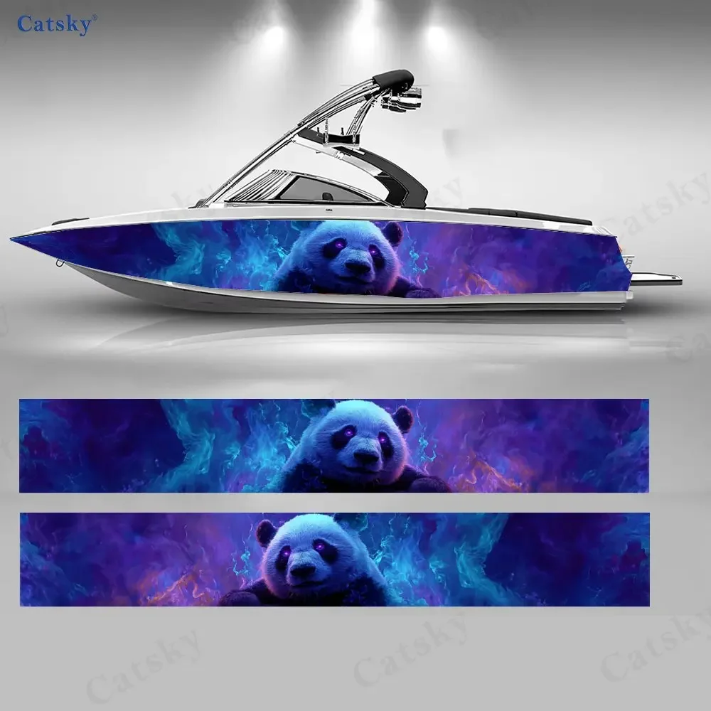 2Pcs Purple & Blue Smoke Cute Panda Boat Stickers, PVC Waterproof Vinyl Wrap Decals for Fishing Boat, Durable and Stylish Design