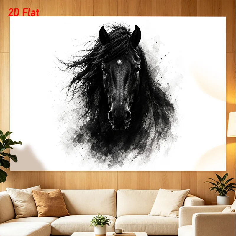 Black Horse Head Tapestry, Ink Splash Art Wall Hanging, White Background, Equestrian Decor, Living Room Bedroom Modern Cloth