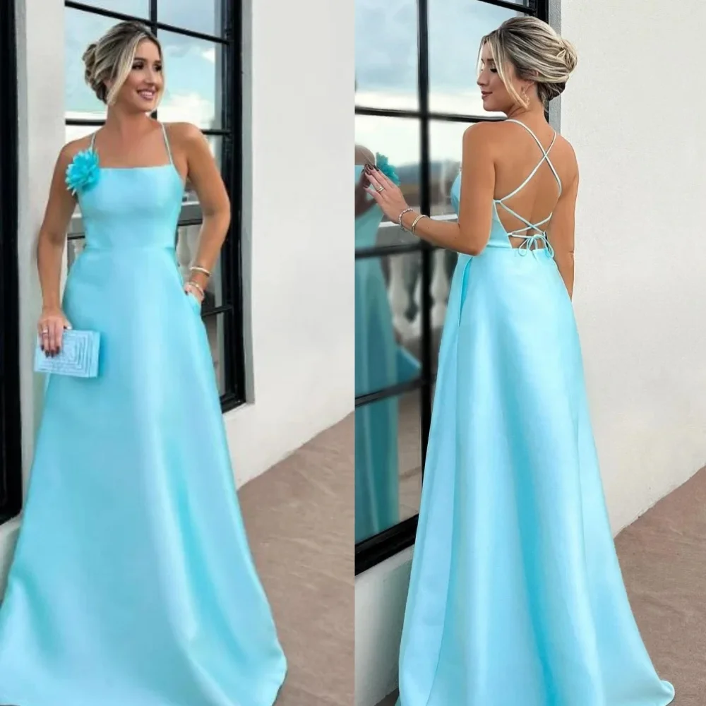 

Classy Long Blue Spaghetti Straps Satin Evening Dresses Sleeveless Backless A Line Floor Length فساتين سهره سعوديه